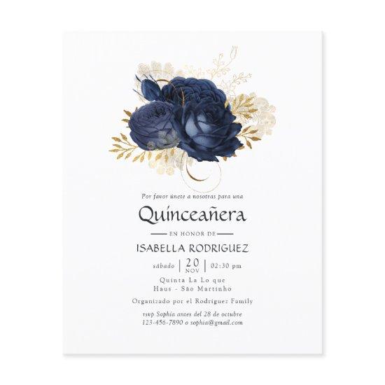 Navy Blue and Gold Vintage Rose Quinceañera Invite Flyer