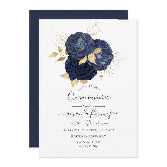 Navy Blue and Gold Vintage Rose Quinceañera Photo