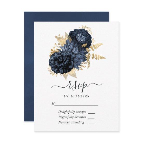 Navy Blue and Gold Vintage Roses RSVP Card