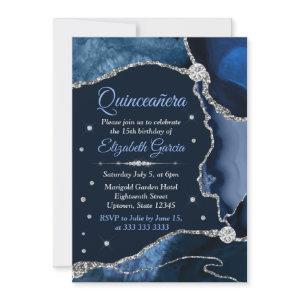 Navy Blue and Silver Glitter Agate Quinceanera
