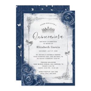 Navy Blue and Silver Rose Elegant Quinceanera
