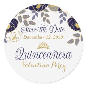 Navy Blue and White Floral Quinceanera Classic Round Sticker