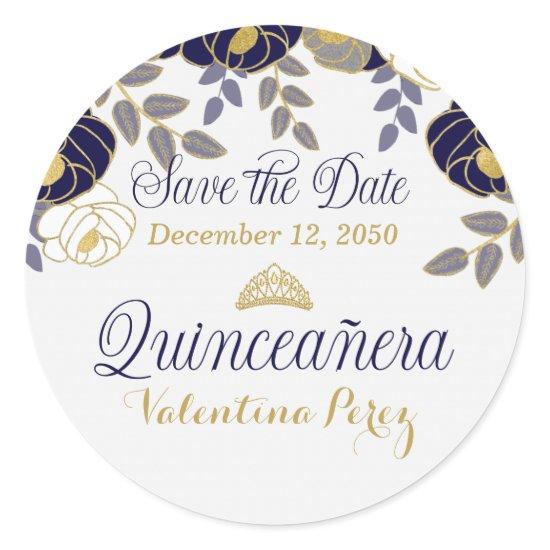 Navy Blue and White Floral Quinceanera Classic Round Sticker
