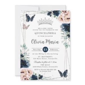 Navy Blue Blush Floral Butterflies Quinceañera