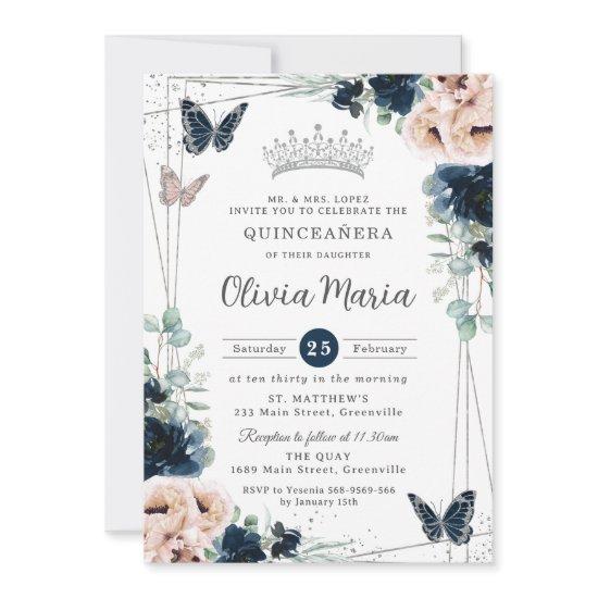 Navy Blue Blush Floral Butterflies Quinceañera