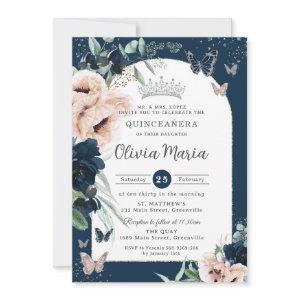 Navy Blue Blush Floral Butterflies Quinceañera