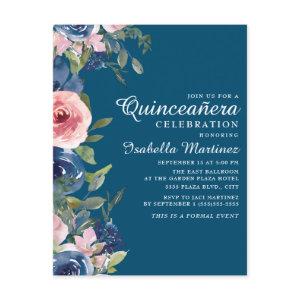 Navy Blue Blush Floral Green Leaves Quinceañera