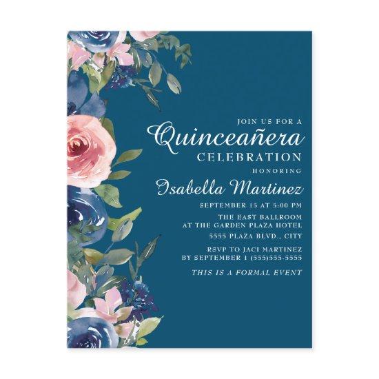 Navy Blue Blush Floral Green Leaves Quinceañera