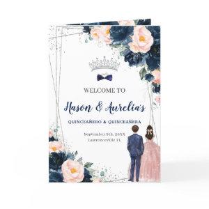 Navy Blue Blush Floral Twins Boy Girl Quinceañera Program