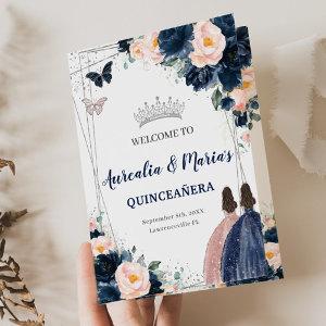 Navy Blue Blush Floral Twins Princess Quinceañera Program