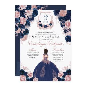 Navy Blue & Blush Pink Floral Elegant Quinceañera