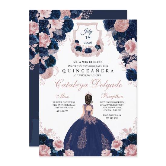 Navy Blue & Blush Pink Floral Elegant Quinceañera