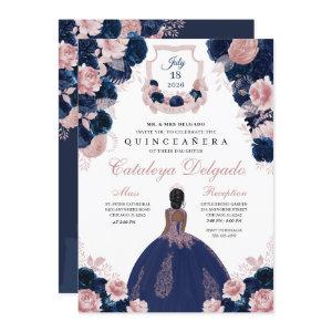 Navy Blue & Blush Pink Floral Elegant Quinceañera