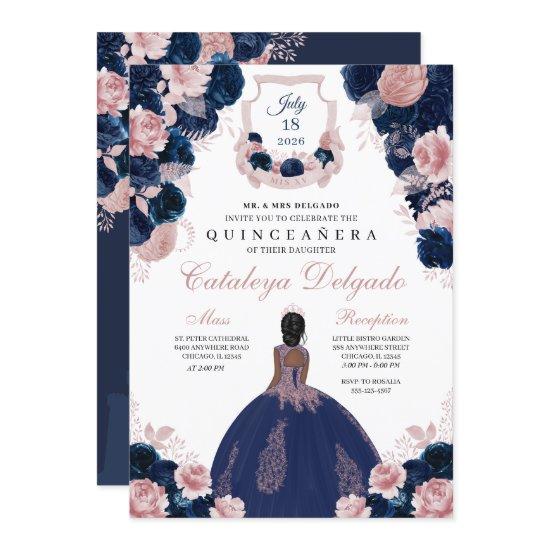 Navy Blue & Blush Pink Floral Elegant Quinceañera