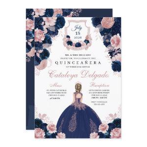 Navy Blue & Blush Pink Floral Elegant Quinceañera