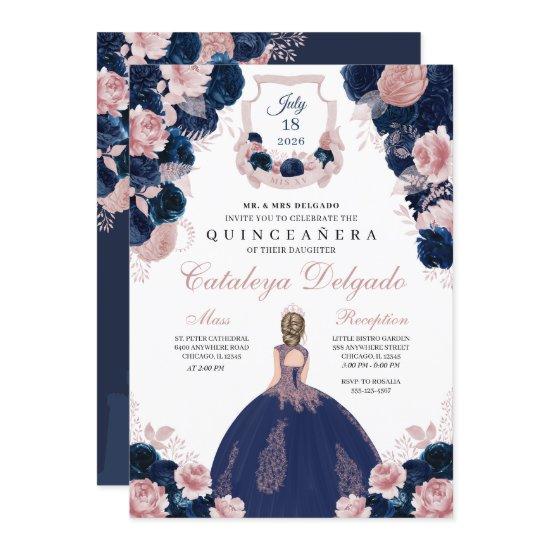 Navy Blue & Blush Pink Floral Elegant Quinceañera