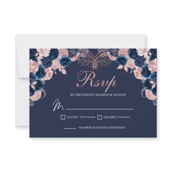 Navy Blue & Blush Pink Floral RSVP Enclosure Card