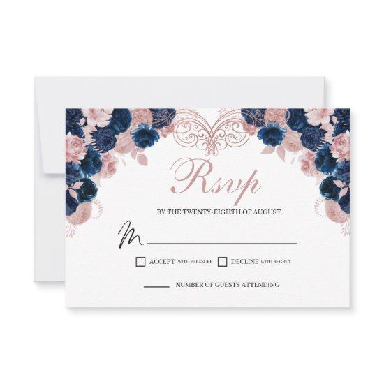 Navy Blue & Blush Pink Floral RSVP Enclosure Card
