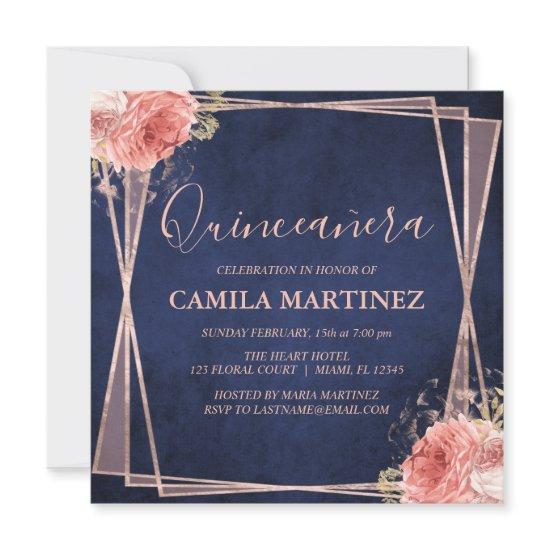 Navy Blue Blush Pink Rose Gold Quinceanera Party