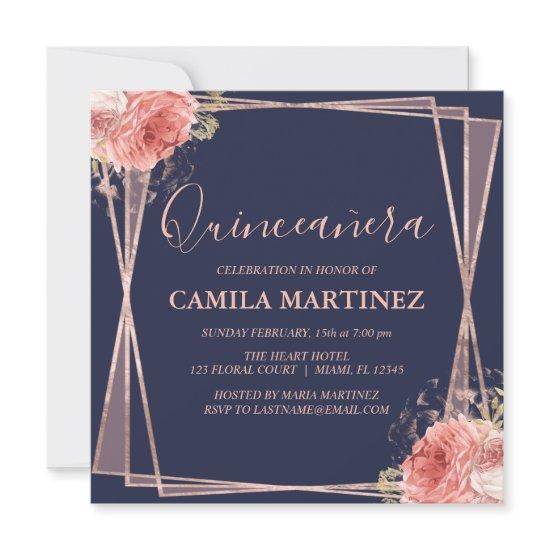 Navy Blue Blush Pink Rose Gold Quinceanera Party