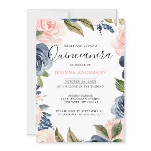 Navy Blue Blush Pink Rose Quinceanera