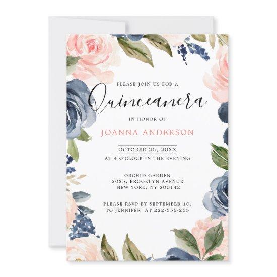 Navy Blue Blush Pink Rose Quinceanera