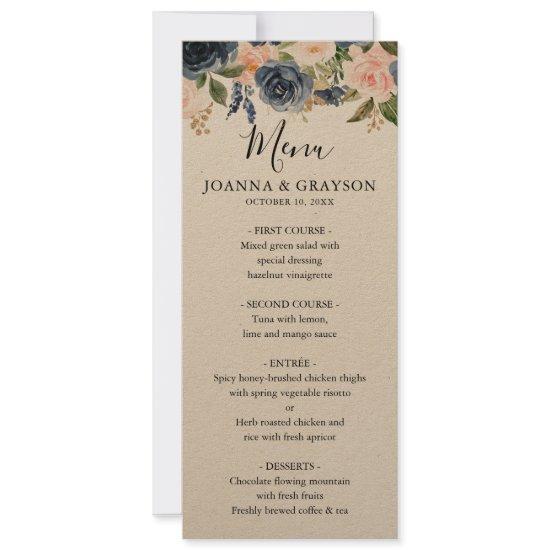 Navy Blue Blush Pink Rose Wedding Menu