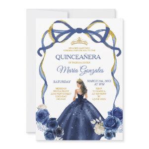 Navy Blue Bow Princess Gold Crown Quinceañera