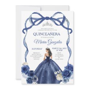 Navy Blue Bow Princess Silver Crown Quinceañera