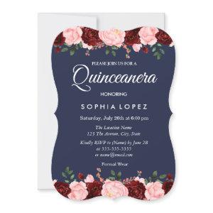 Navy Blue Burgundy Floral Quinceanera