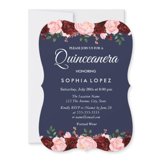 Navy Blue Burgundy Floral Quinceanera