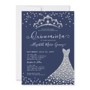 Navy Blue Diamond Sparkle Tiara Gown Quinceanera