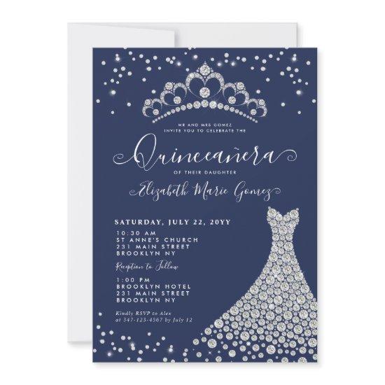 Navy Blue Diamond Sparkle Tiara Gown Quinceanera