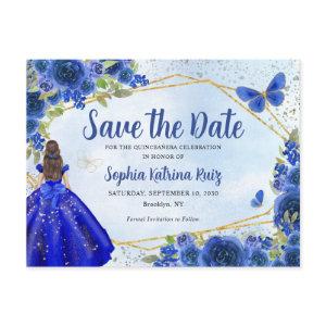 Navy Blue Dress Floral Quinceañera Save the Date Postcard