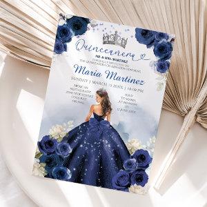 Navy Blue Dress Princess Silver Crown Quinceañera
