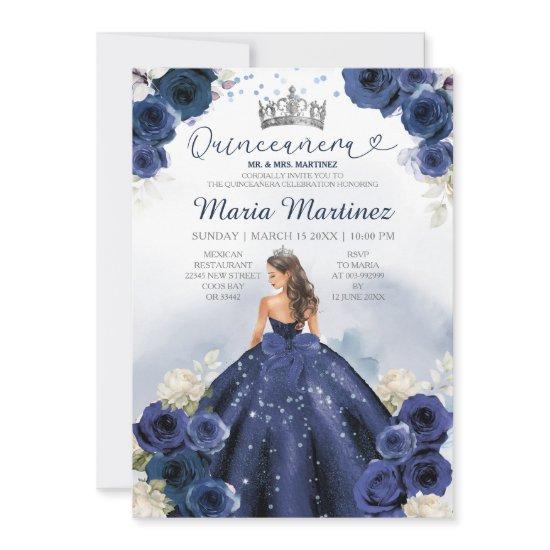 Navy Blue Dress Princess Silver Crown Quinceañera