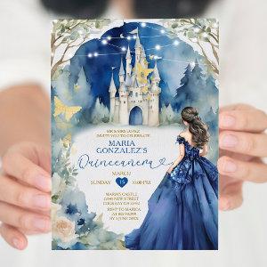 Navy Blue Dress White Castle Floral Quiñceanera