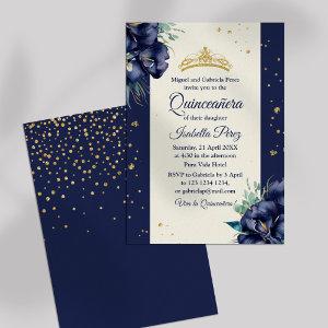 Navy Blue Floral and Gold Tiara Quinceanera