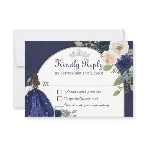 Navy Blue Floral Arch Quinceañera Princess RSVP Card