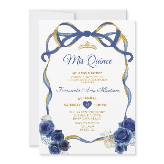 Navy Blue Floral Bow Frame Gold Crown Mis Quince