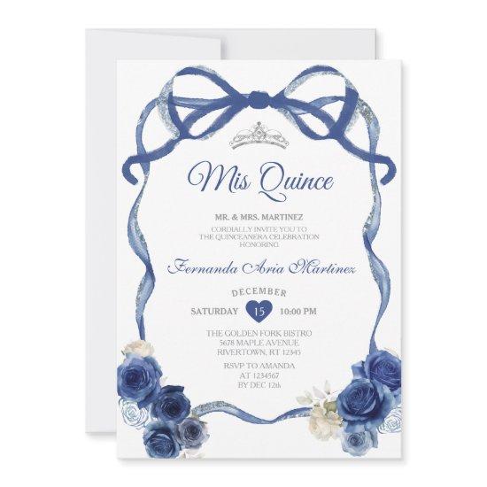 Navy Blue Floral Bow Frame Silver Crown Mis Quince