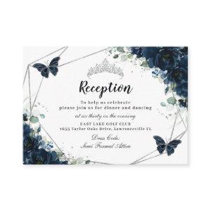 Navy Blue Floral Butterflies Quinceañera Reception Enclosure Card