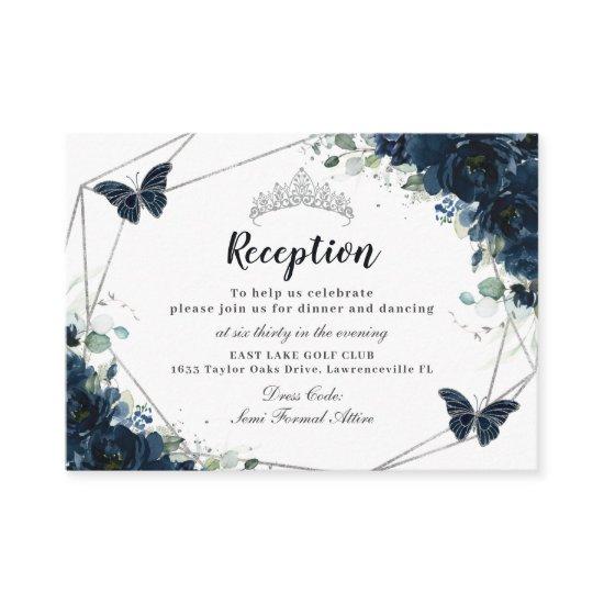 Navy Blue Floral Butterflies Quinceañera Reception Enclosure Card