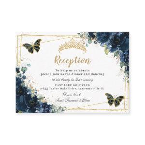 Navy Blue Floral Butterflies Quinceañera Reception Enclosure Card