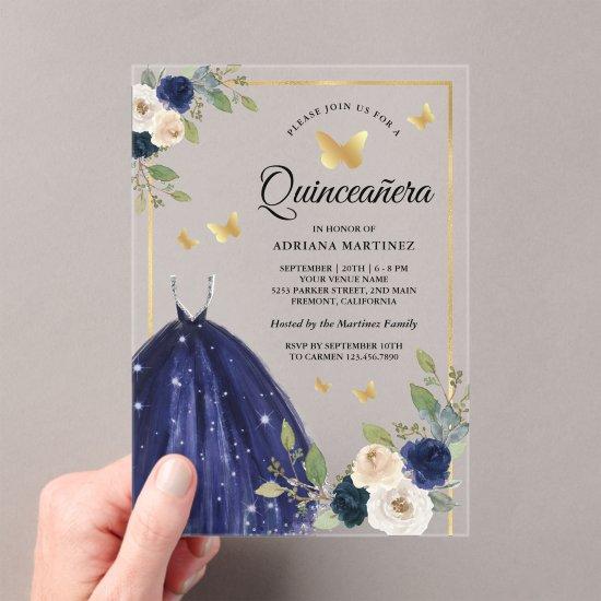 Navy Blue Floral Dress Butterfly Gold Quinceanera Acrylic