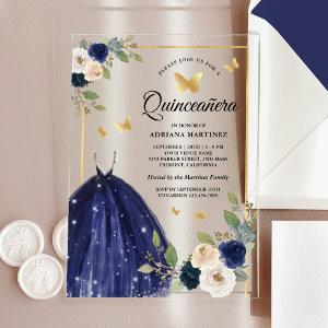 Navy Blue Floral Dress Butterfly Gold Quinceanera Acrylic