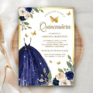 Navy Blue Floral Dress Butterfly Gold Quinceanera