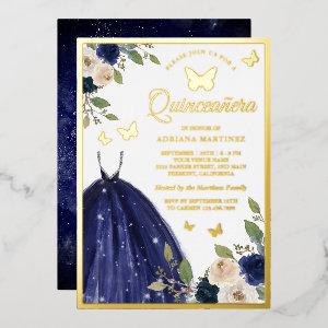 Navy Blue Floral Dress Butterfly Quinceanera Gold Foil