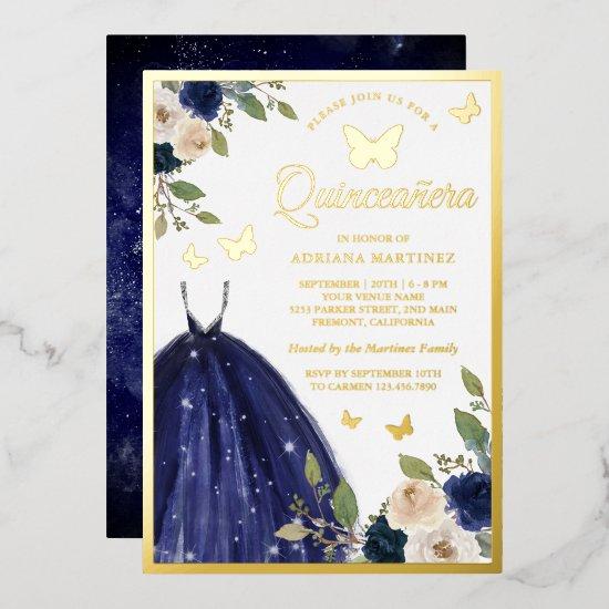 Navy Blue Floral Dress Butterfly Quinceanera Gold Foil