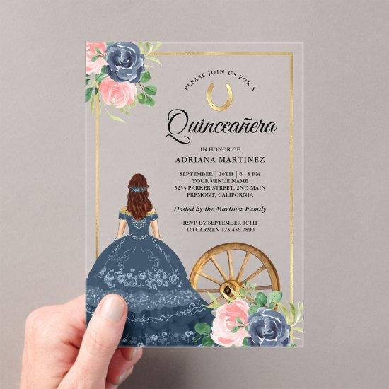 Navy Blue Floral Dress Charro Gold Quinceanera Acrylic